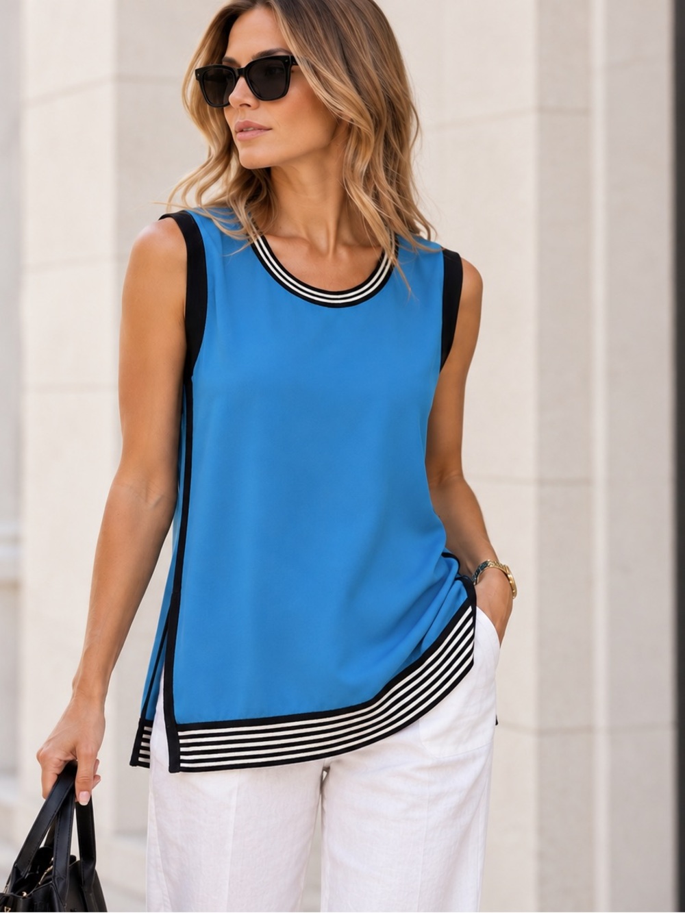 Rag & Bone Blue Silk Sleeveless Top with Striped Trim XS